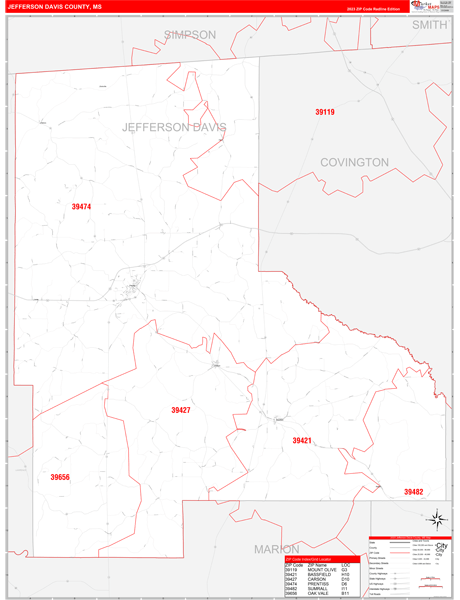 Jefferson Davis County Wall Map Red Line Style